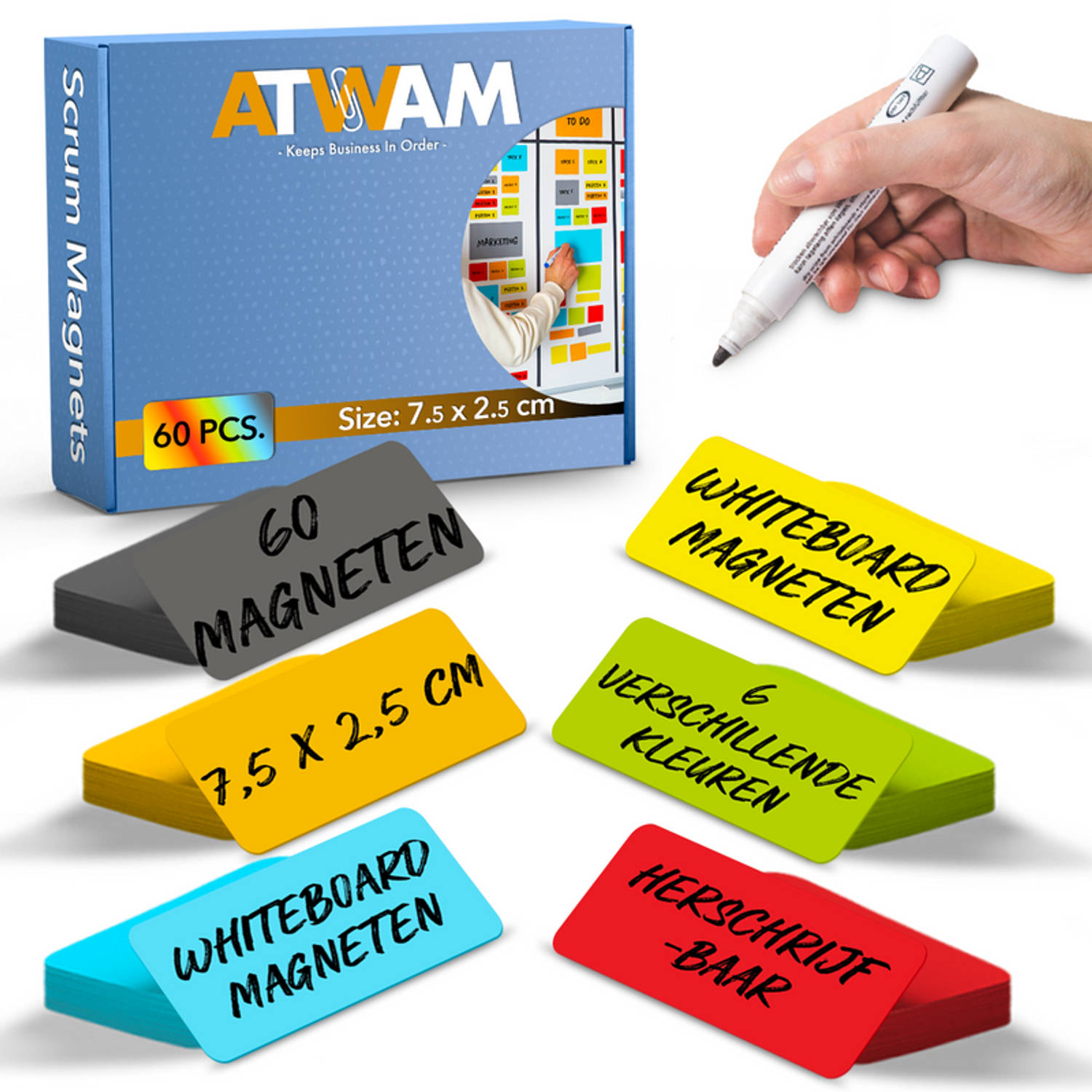 ATWAM Scrum Magneten - 60 stuks - Voor Whiteboard of Magneetbord - Herschrijfbare Magneten - Post It - 7,5*2,5 cm