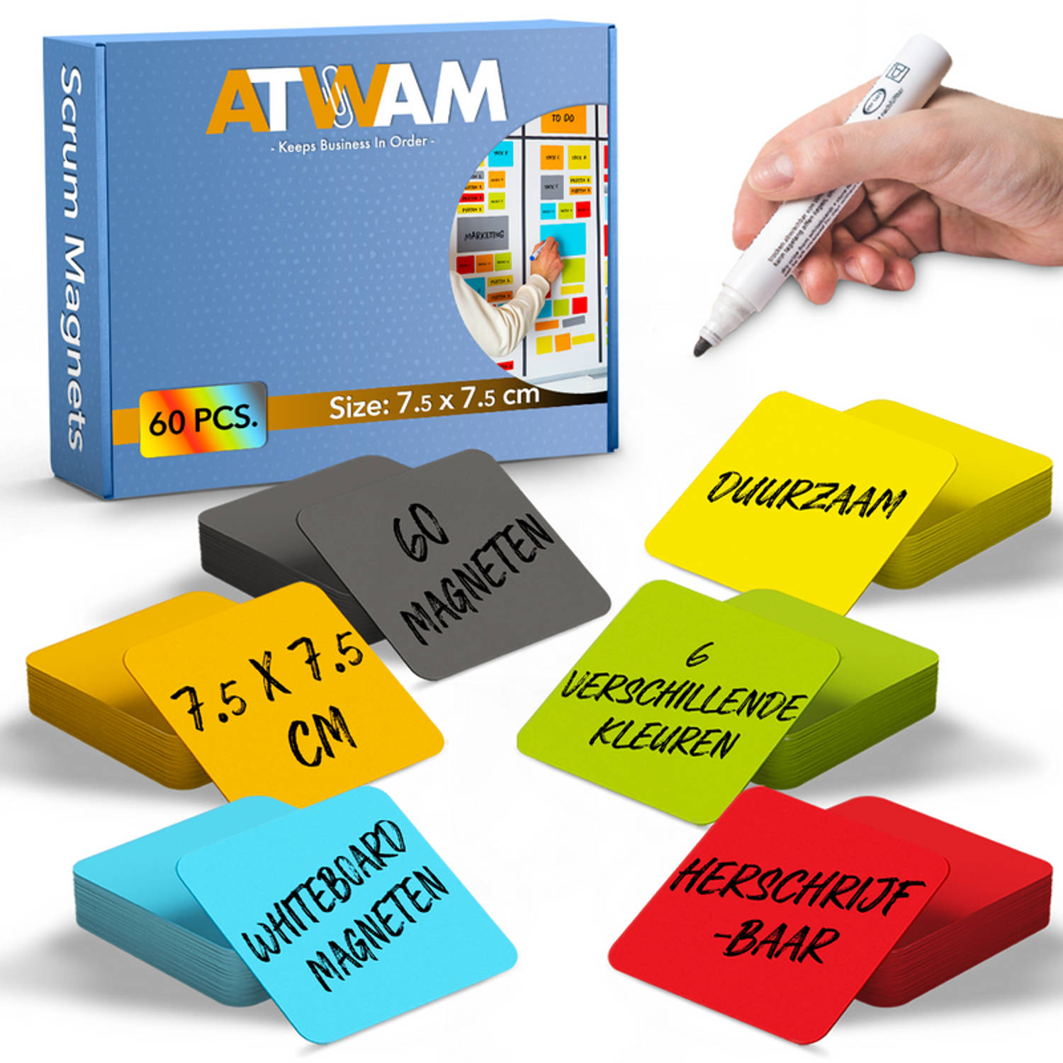 ATWAM Scrum Magneten - 60 stuks - Voor Whiteboard of Magneetbord - Herschrijfbare Magneten - Post It - 7,5*7,5 cm
