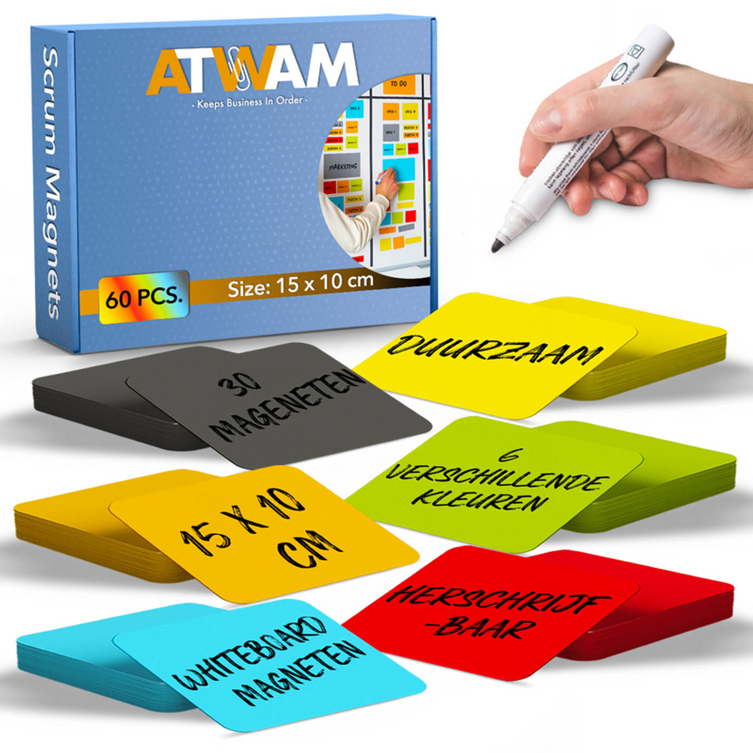 ATWAM Scrum Magneten - 30 stuks - Voor Whiteboard of Magneetbord - Herschrijfbare Magneten - Post It - 15*10 cm