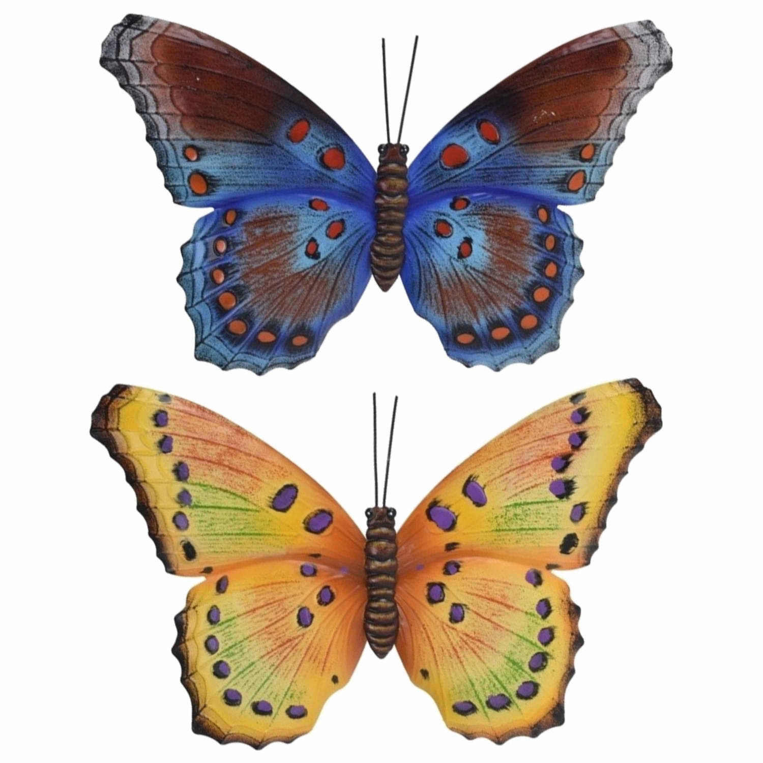 Set van 2x stuks tuindecoratie muur/wand vlinders van metaal in geel/paars en bruin/blauw 35 x 24 cm - Tuinbeelden