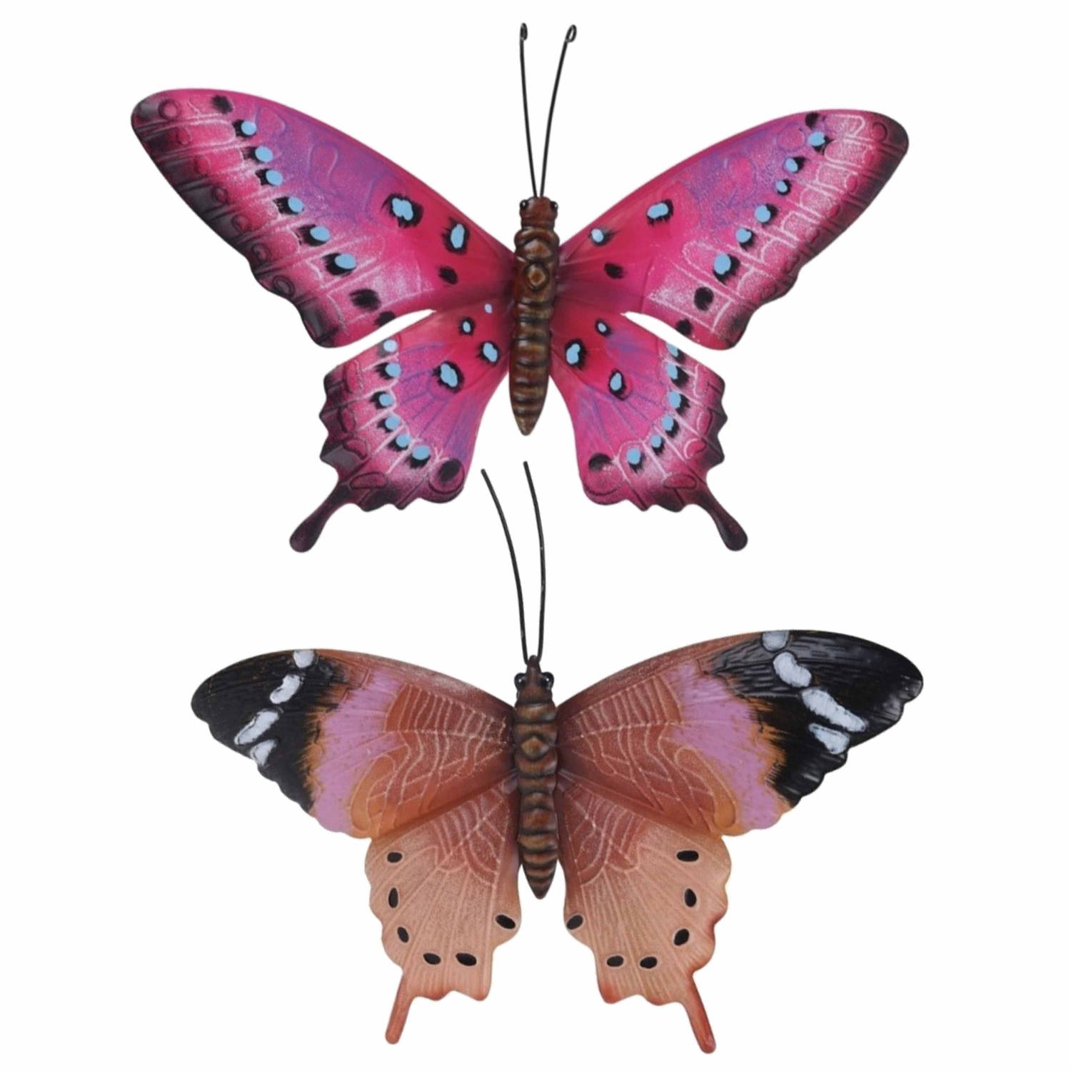 Set van 2x stuks tuindecoratie muur/wand vlinders van metaal in roestbruin en roze 35 x 24 cm - Tuinbeelden