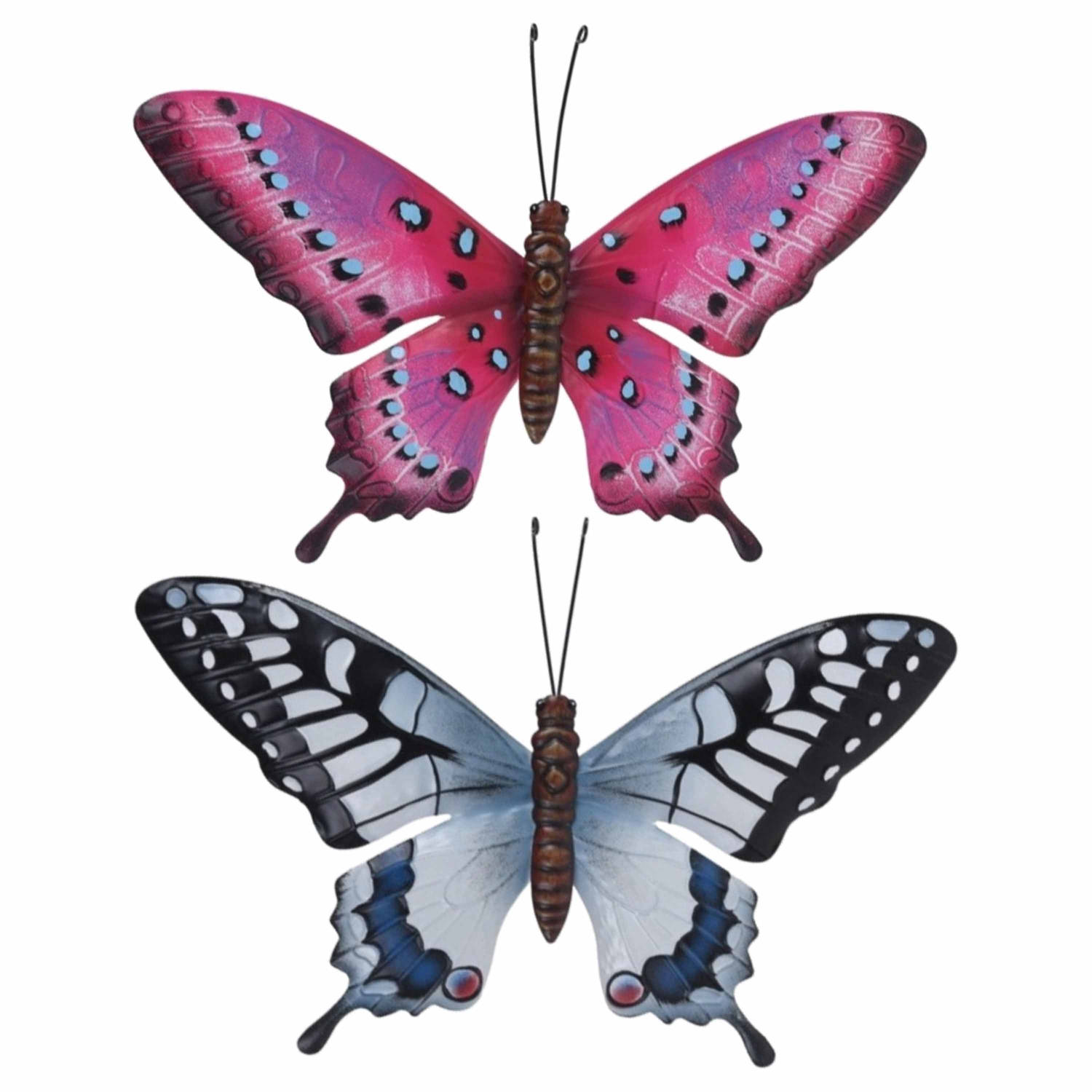 Set van 2x stuks tuindecoratie muur/wand vlinders van metaal in grijsblauw en roze 35 x 24 cm - Tuinbeelden