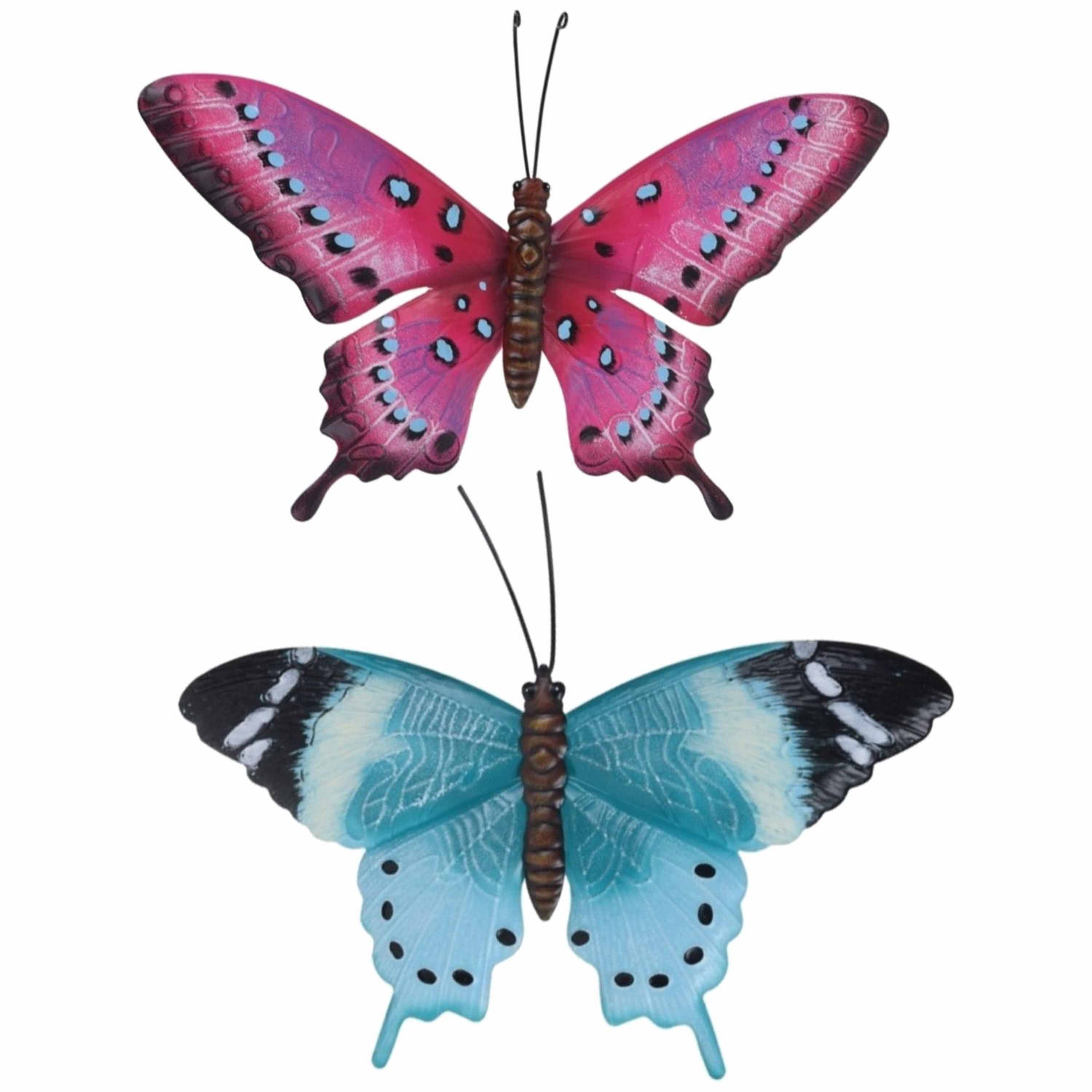 Set van 2x stuks tuindecoratie muur/wand vlinders van metaal in blauw en roze 35 x 24 cm - Tuinbeelden