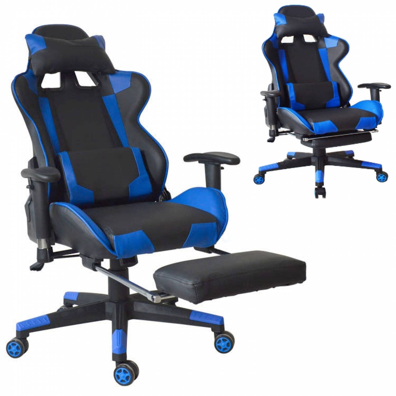 Gamestoel bureaustoel Thomas - met voetsteun - racing stijl - ergonomisch verstelbaar - zwart blauw