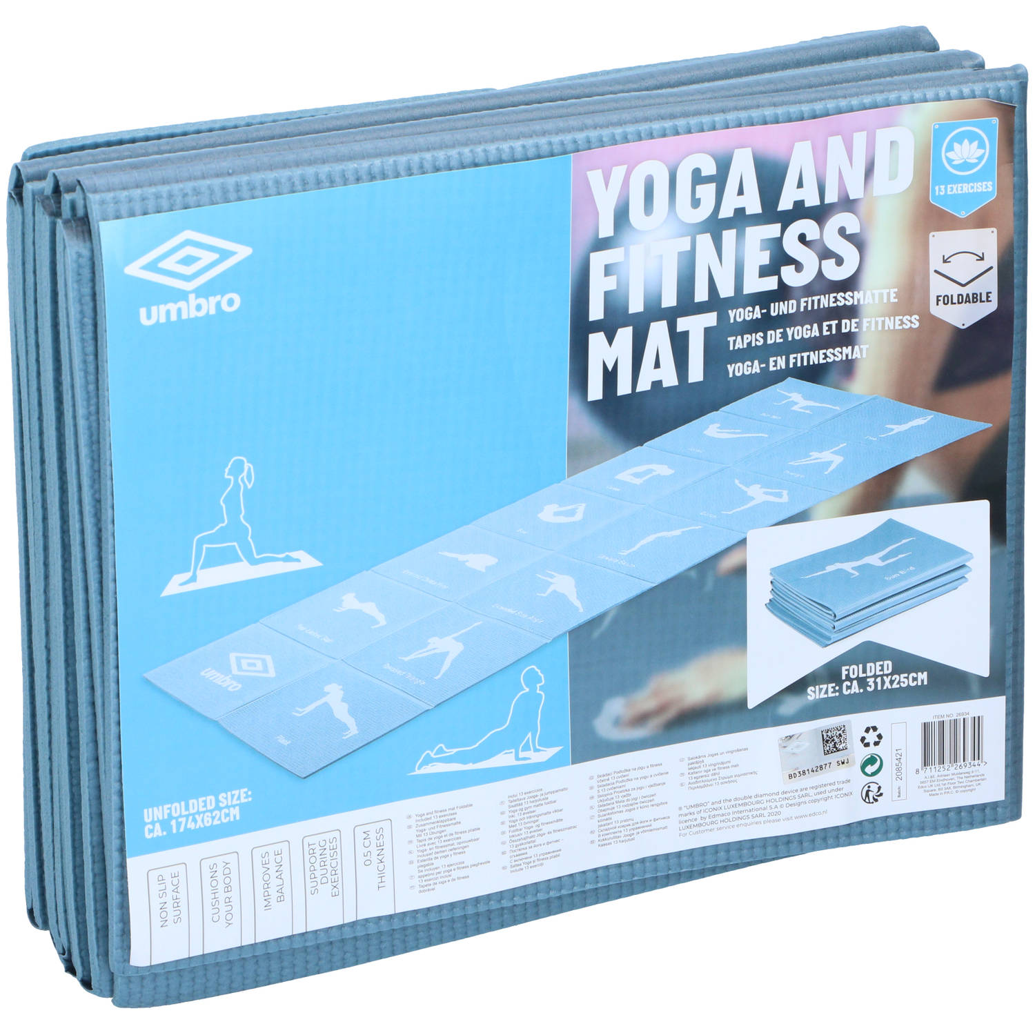 Umbro Opvouwbare Yogamat - 174 x 62 CM - Anti-Slip - 0.5 - 13 Oefeningen in Print - Blauw | Blokker