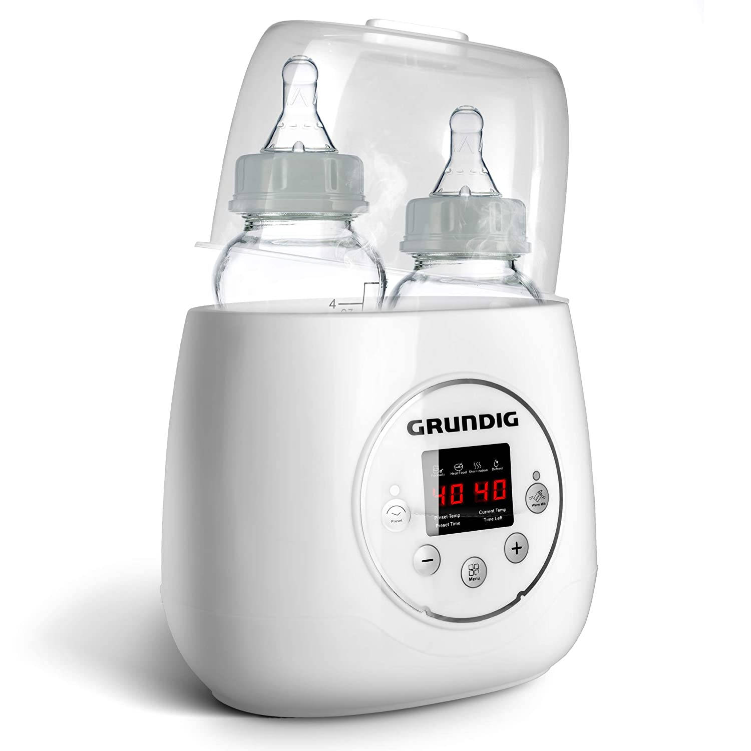 Grundig Flessenwarmer - Dubbele Flesverwarmer - 200W - Ruimte voor 2 Babyflessen - Verwarmen, Ontdooien en Steriliseren - Incl. Stoomkap - Wit