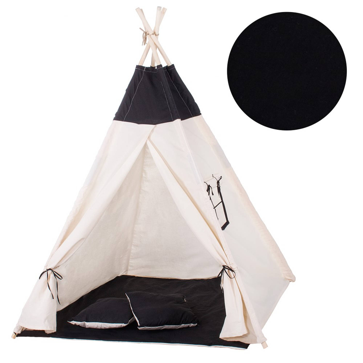 Springos Tipi Tent | Wigwam Speeltent | 120x100x180 cm | Met Mat en Kussens | Naturel Zwart