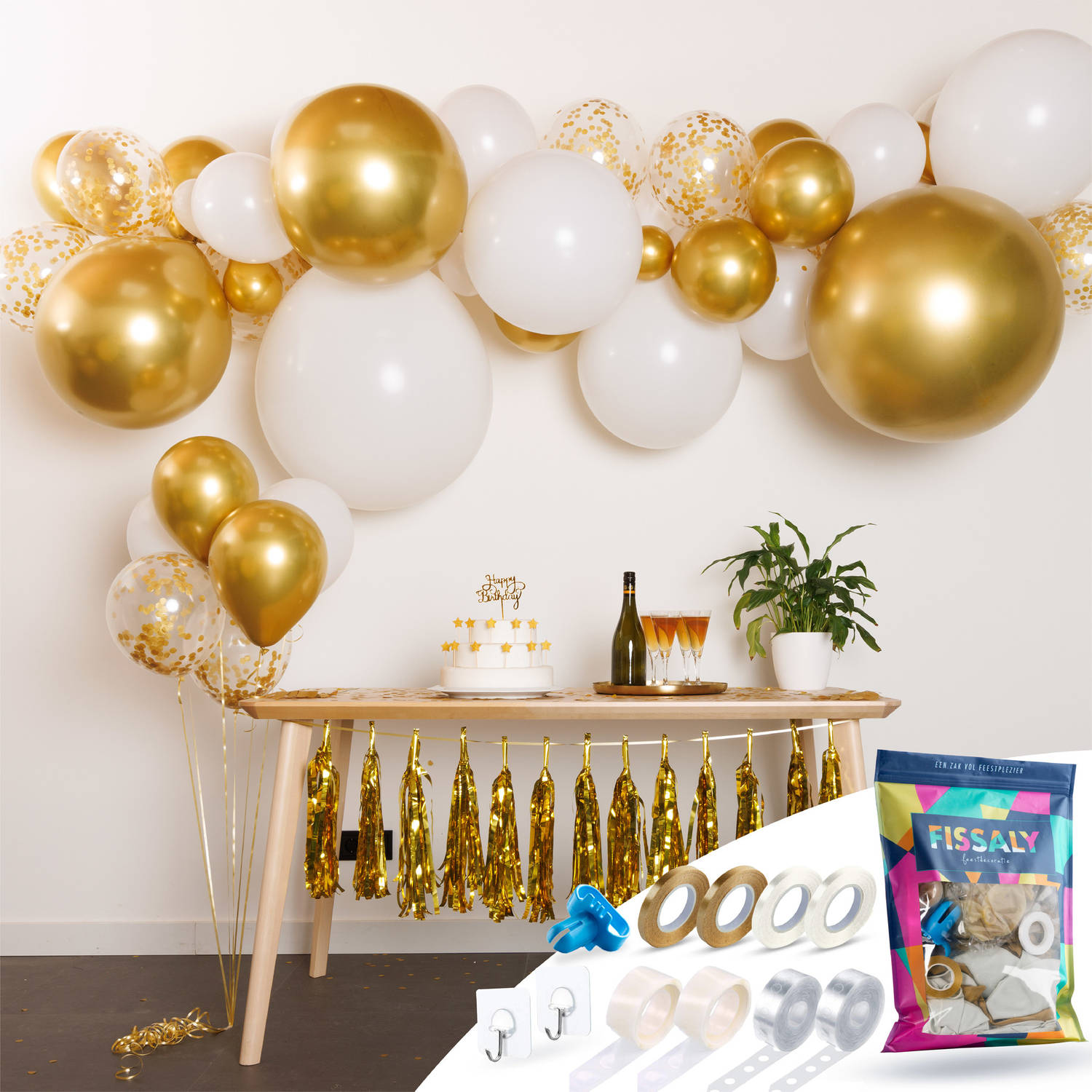 Fissaly® Ballonnenboog Wit, Goud & Papieren Gouden Confetti Ballonnen - Ballonboog Feest Decoratie Verjaardag Versiering