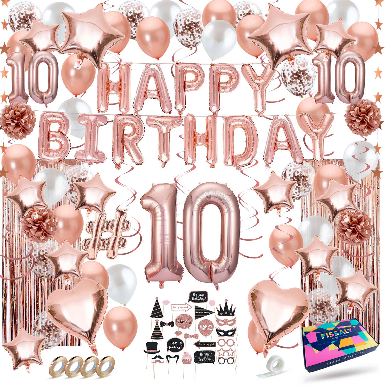 Fissaly® 10 Jaar Rose Goud Verjaardag Decoratie Versiering Helium, Latex & Papieren Confetti Ballonn