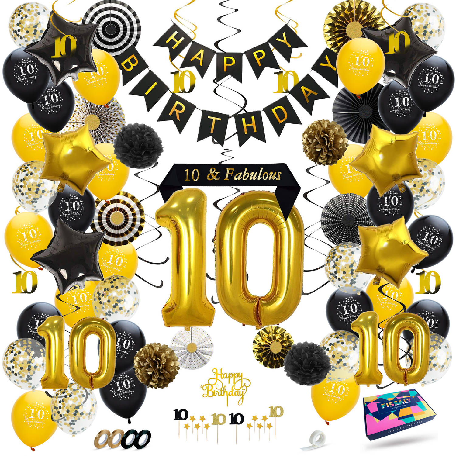 Fissaly® 10 Jaar Verjaardag Decoratie Versiering - Ballonnen – Jongen & Meisje - Zwart en Goud