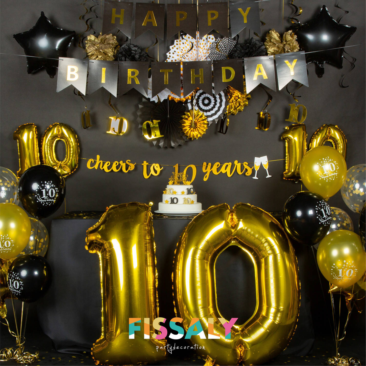 Gelukkig vergeetachtig te ontvangen Fissaly® 10 Jaar Verjaardag Decoratie Versiering - Ballonnen – Jongen &  Meisje - Zwart en Goud | Blokker