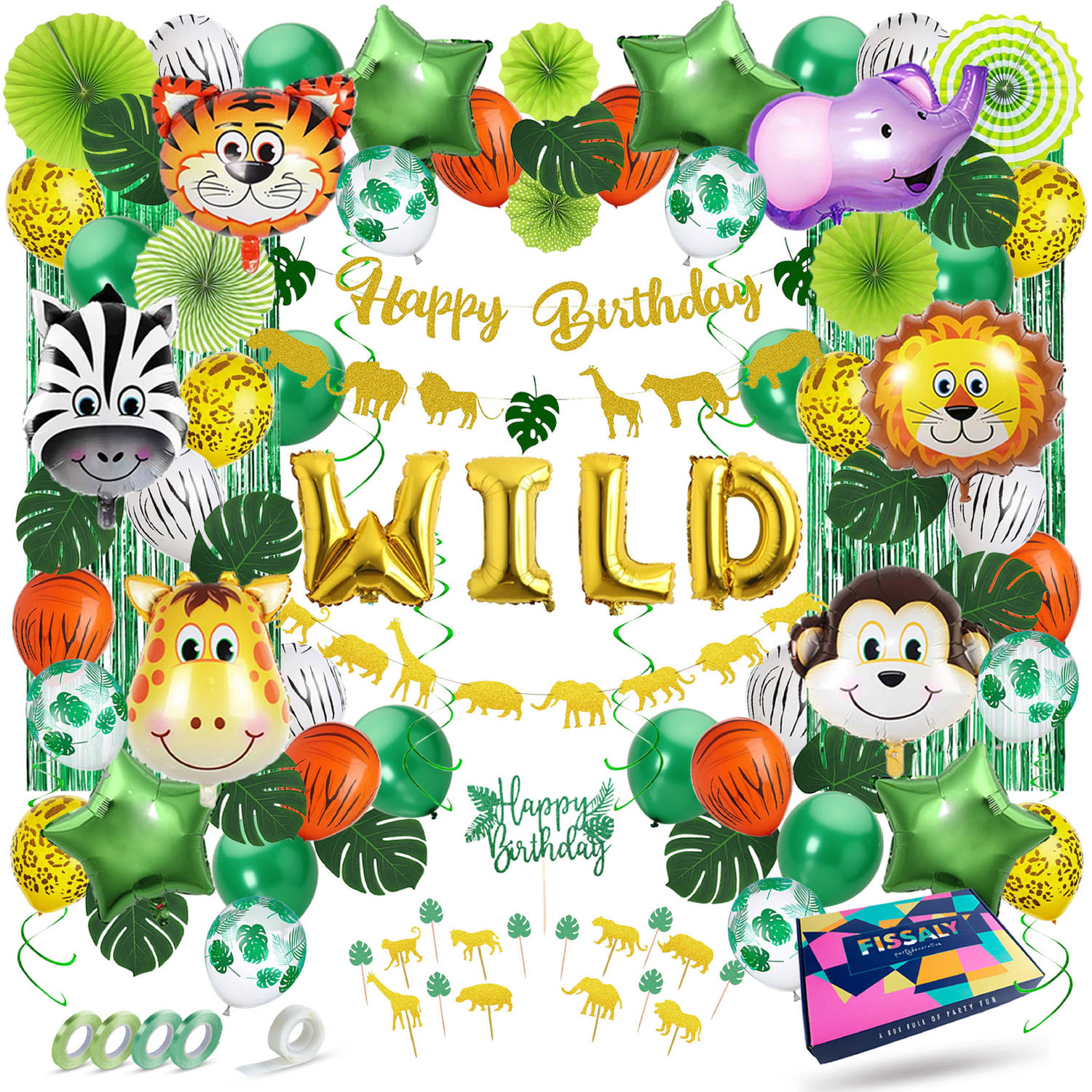 Fissaly® 106 Stuks Jungle Decoratie Versiering Set - Happy Birthday Safari Thema - Slingers, Ballonnen & Accessoires