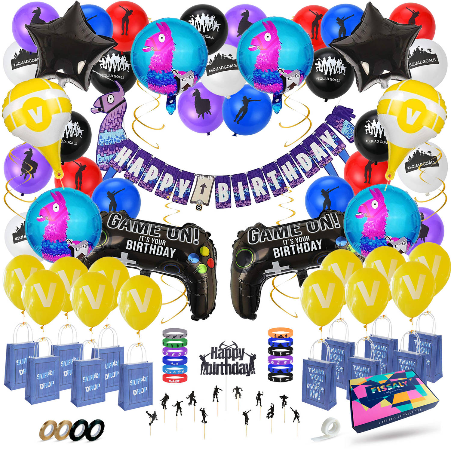 Fissaly® 106 Stuks Verjaardag Decoratie Set met Fortnite Dansjes Ballonnen – Feestversiering – Video Game Feestdecoratie