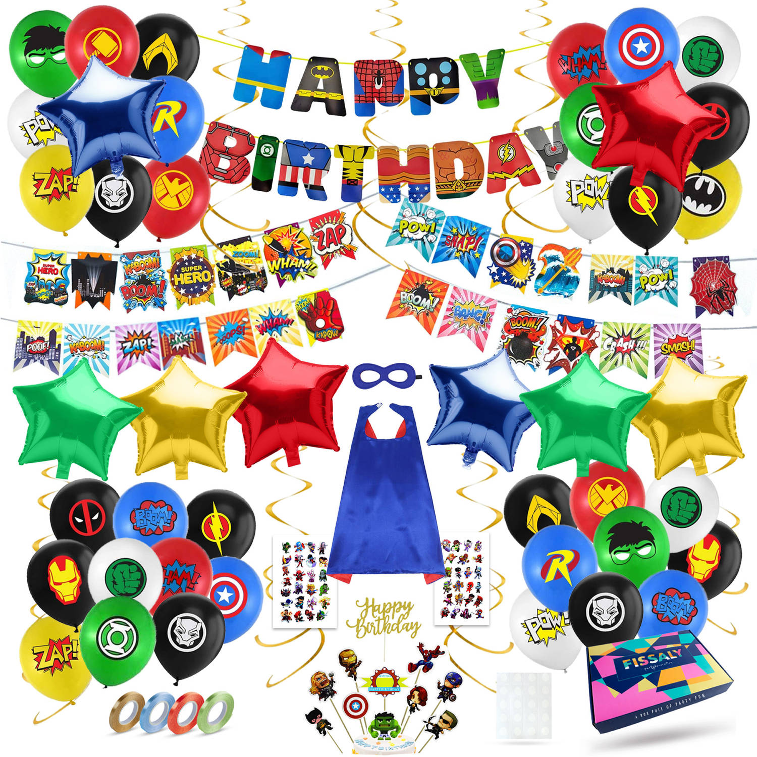 Fissaly® 118 Stuks Superhelden Feest Versiering - Kinderfeestje Decoratie - Superheroes Themafeest Verjaardag - Feestje