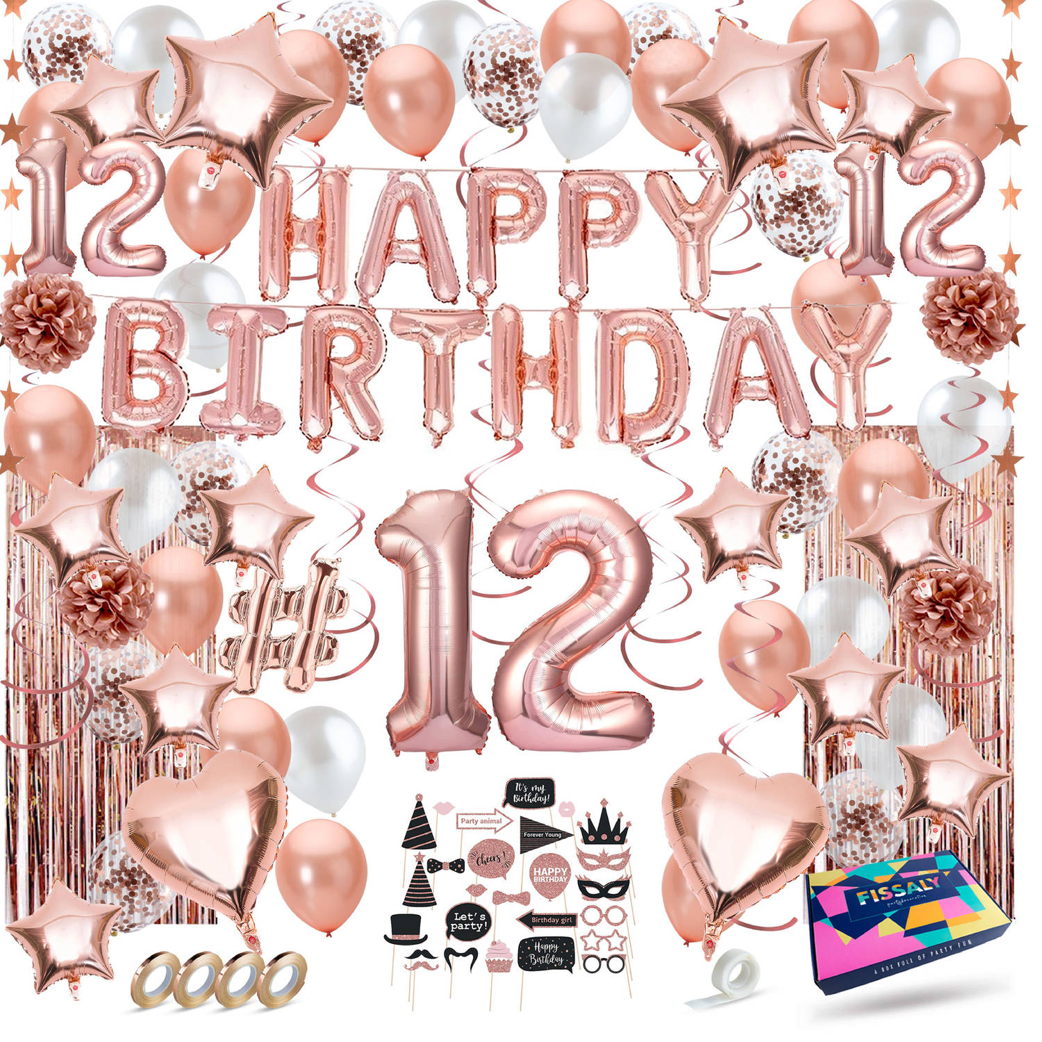 Fissaly® 12 Jaar Rose Goud Verjaardag Decoratie Versiering Helium, Latex & Papieren Confetti Ballonn