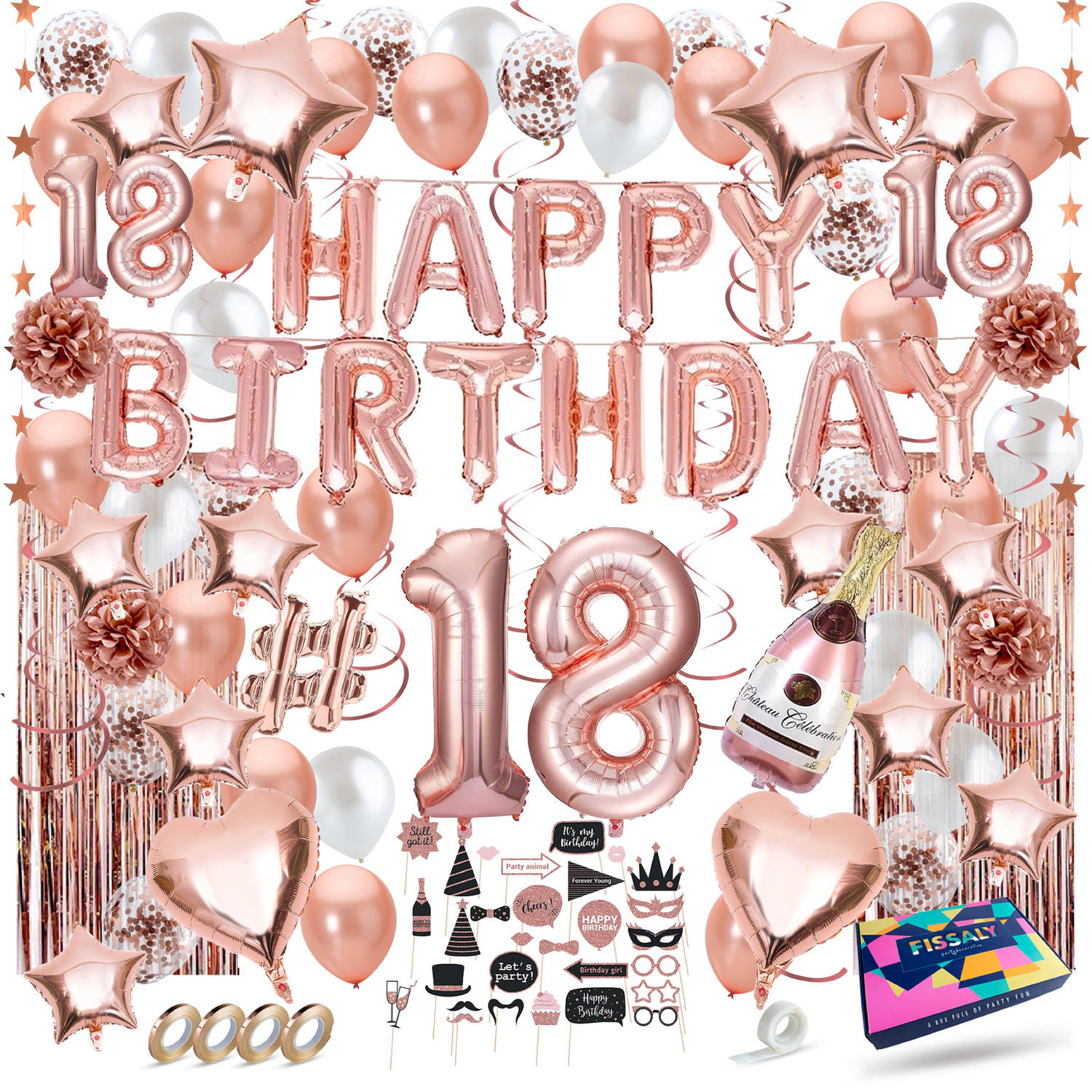 Fissaly® 18 Jaar Rose Goud Verjaardag Decoratie Versiering Helium, Latex & Papieren Confetti Ballonn