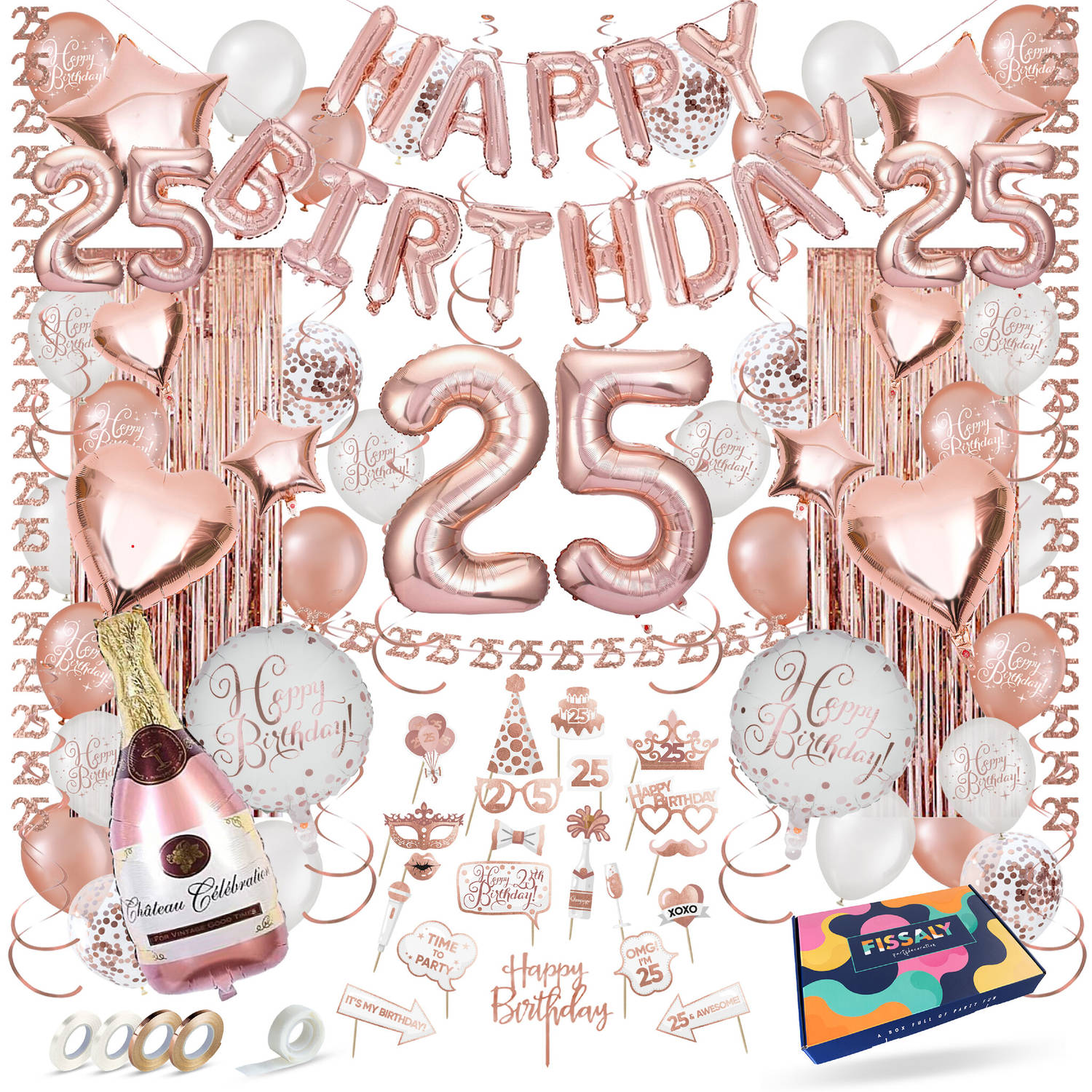 Fissaly® 25 Jaar Rose Goud Verjaardag Decoratie Versiering Feest Helium, Latex & Papieren Confetti B