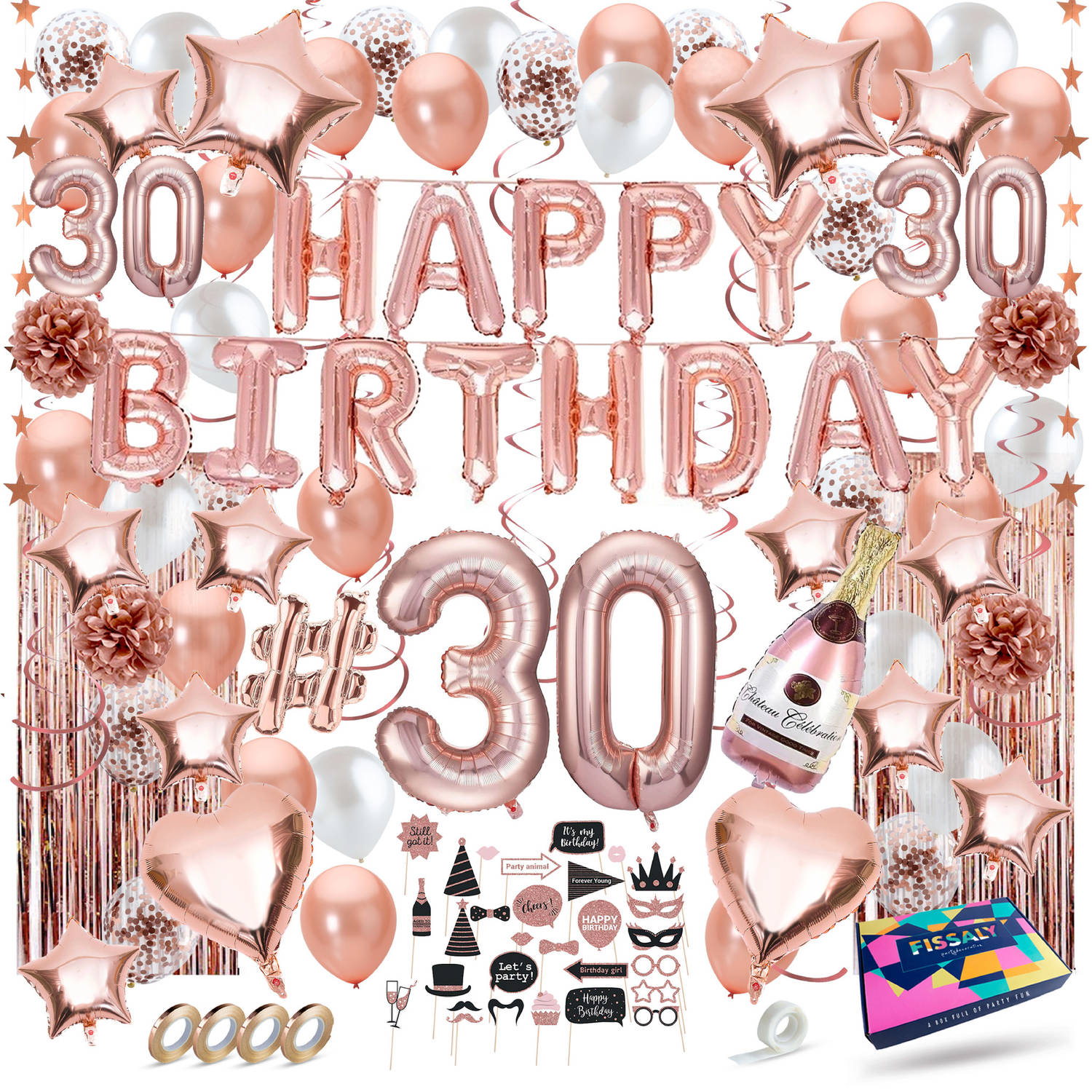 Fissaly® 30 Jaar Rose Goud Verjaardag Decoratie Versiering Helium, Latex & Papieren Confetti Ballonn
