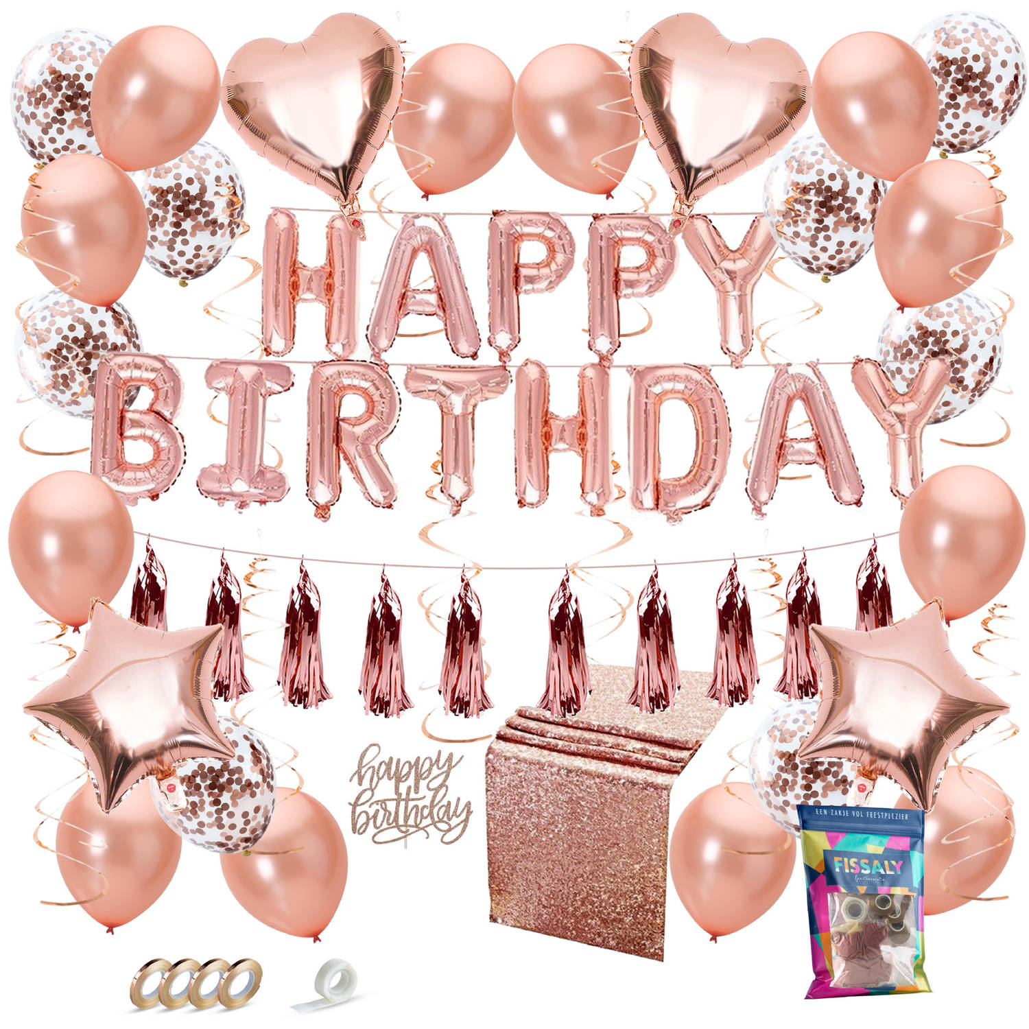 Fissaly® 45 Stuks Rose Goud Verjaardag Decoratie Versiering Met Ballonnen Feest Papieren Confetti Ro