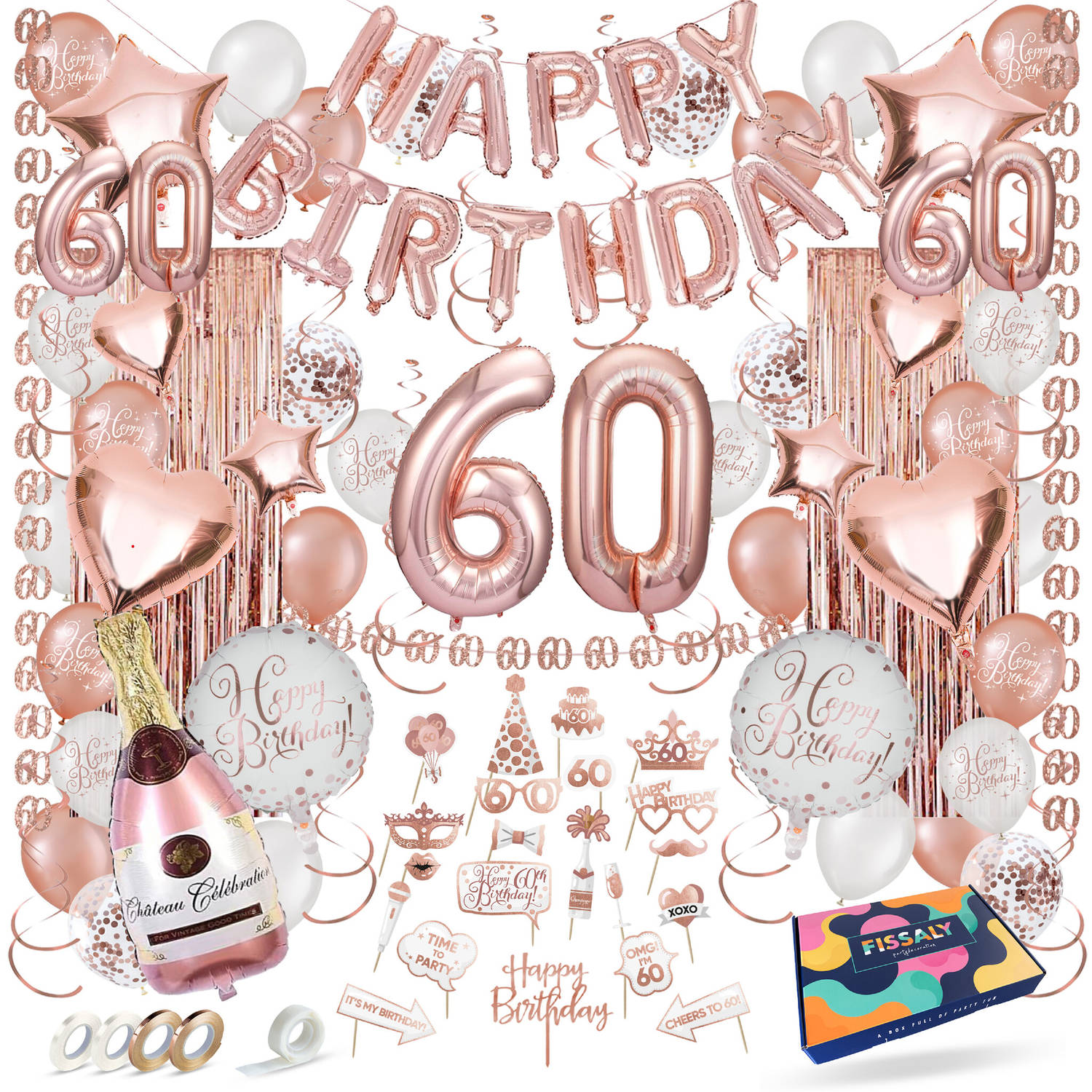 Fissaly® 60 Jaar Rose Goud Verjaardag Decoratie Versiering Feest Helium, Latex & Papieren Confetti B