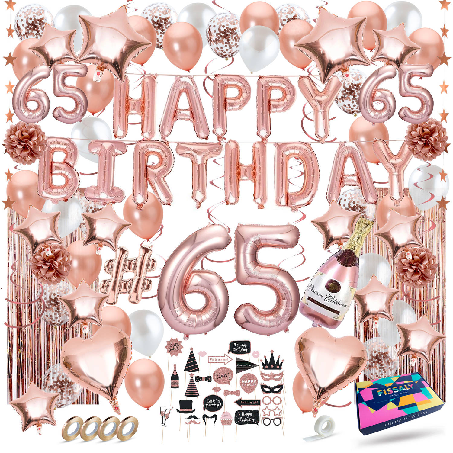 Fissaly® 65 Jaar Rose Goud Verjaardag Decoratie Versiering Feest Helium, Latex & Papieren Confetti B