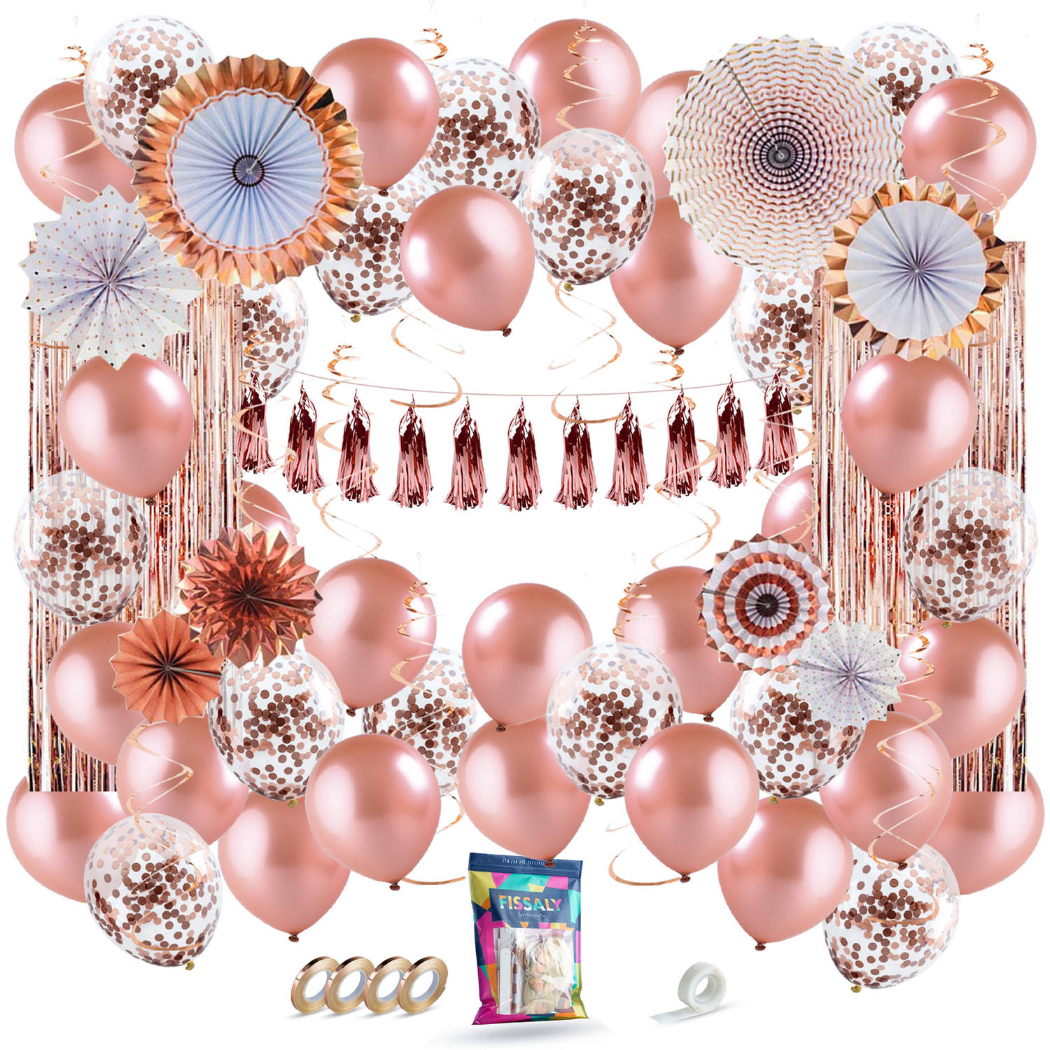 Fissaly® 68 Stuks Rose Goud Xl Decoratie Feestpakket Ballonnen & Slingers Feest Versiering