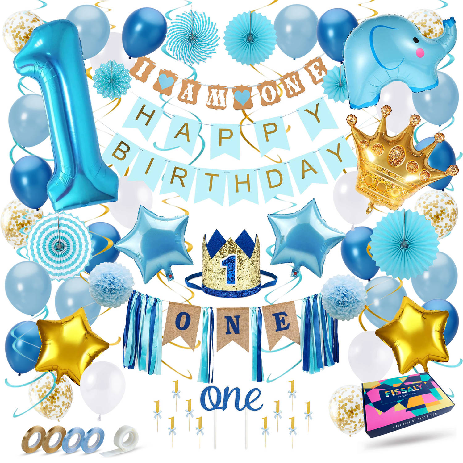 Fissaly® Baby 1 Jaar Verjaardag Versiering Jongen Xxl Happy Birthday Kind Decoratie Incl. Ballonnen 
