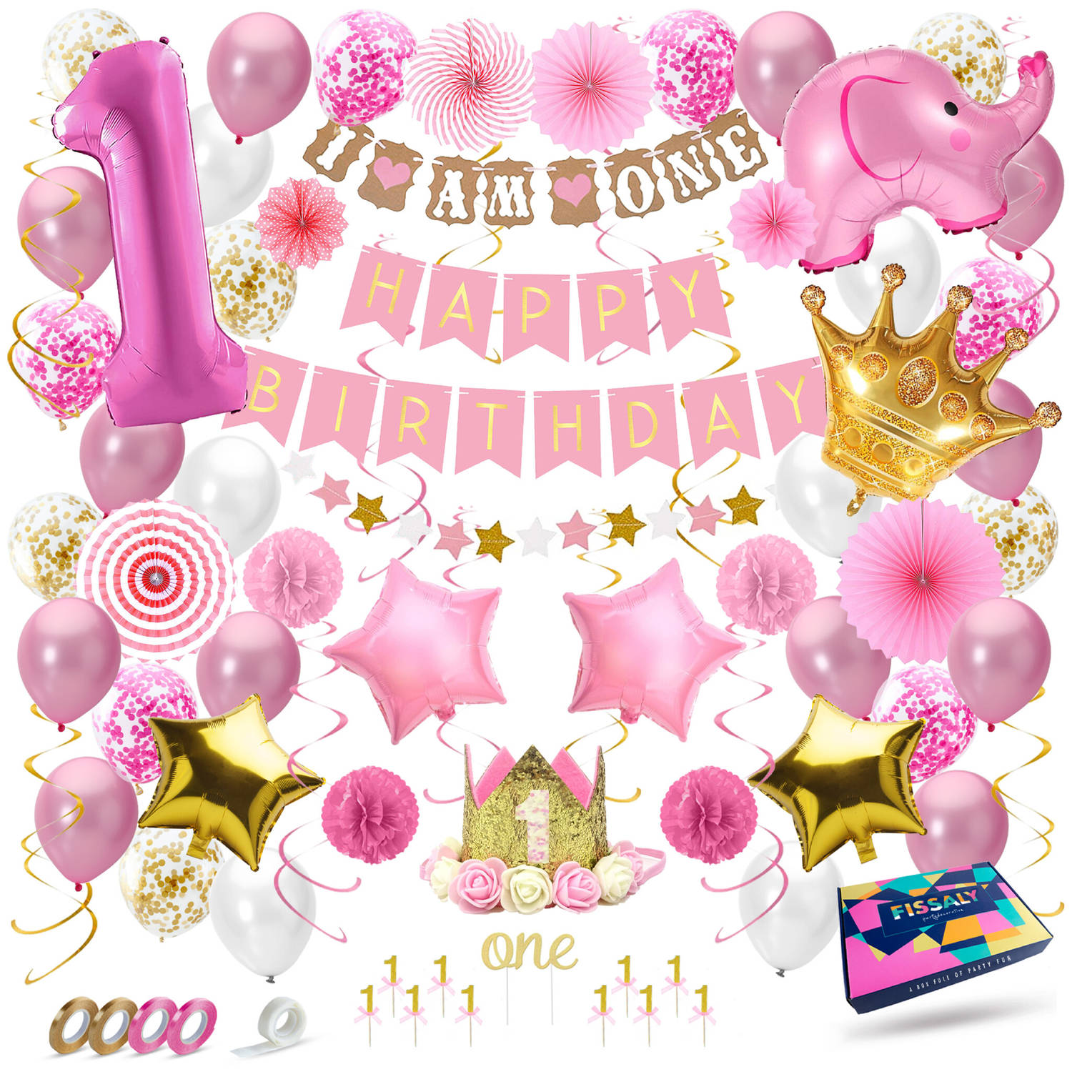 Fissaly® Baby 1 Jaar Verjaardag Versiering Meisje Xxl Happy Birthday Kind Decoratie Incl. Ballonnen 