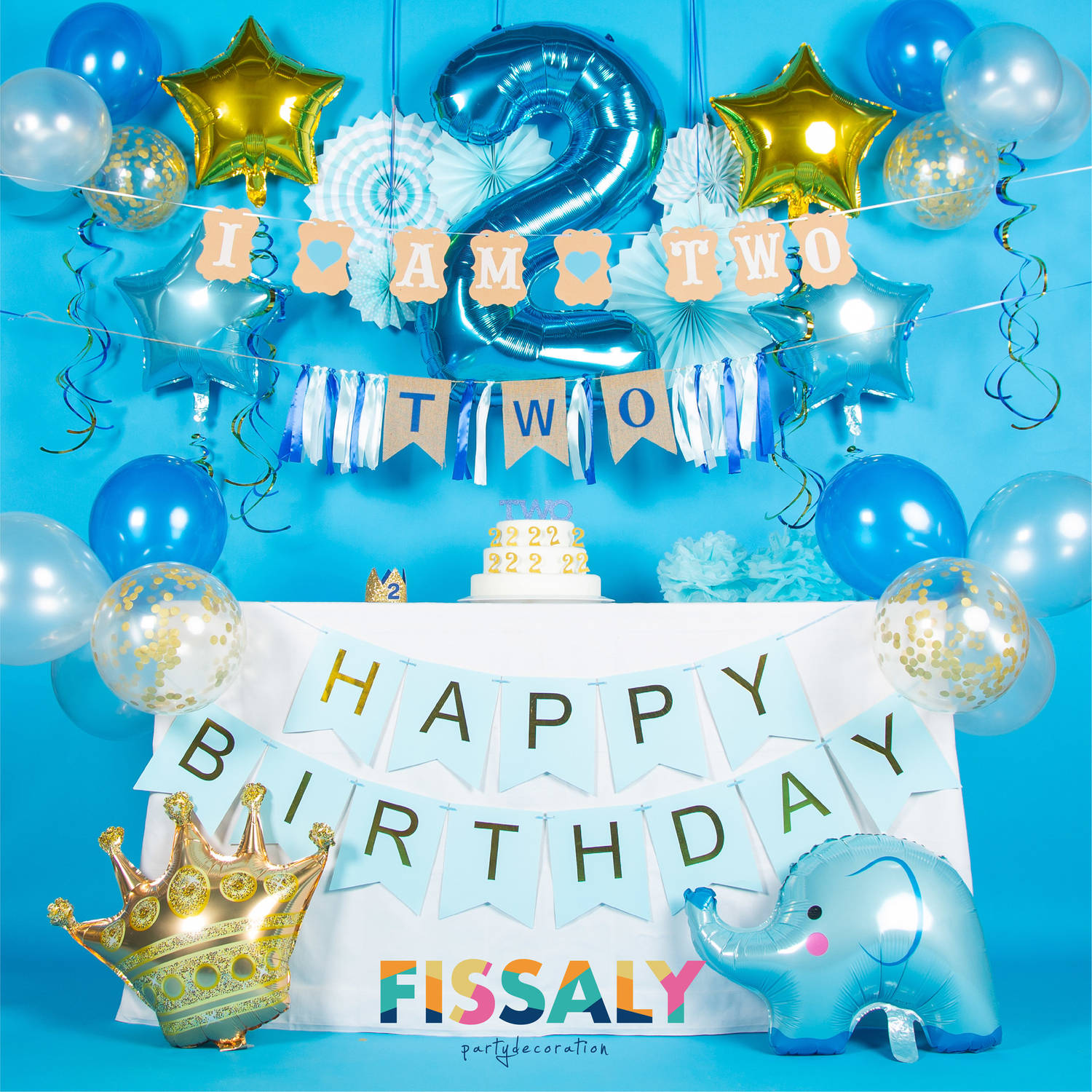 Fissaly® Kind 2 Jaar Verjaardag Versiering Jongen – Happy Birthday Decoratie Incl. Ballonnen Blauw |