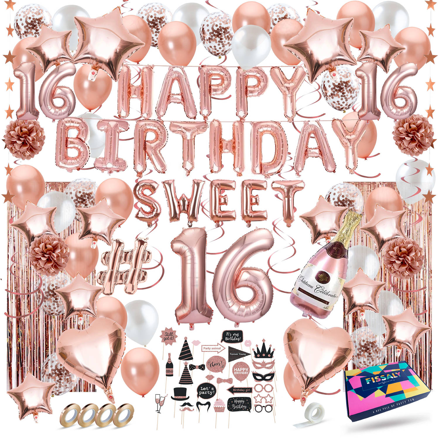 Fissaly® Sweet 16 Jaar Rose Goud Verjaardag Decoratie Versiering Helium, Latex & Papieren Confetti B