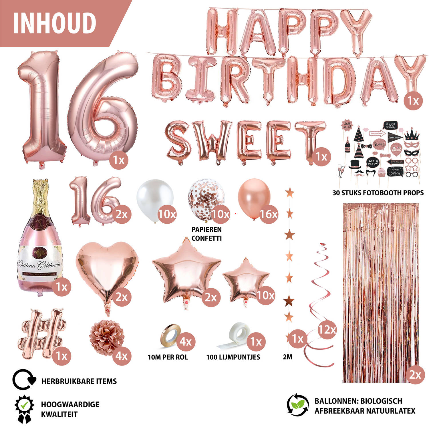 Lil 945 portemonnee Fissaly® Sweet 16 Jaar Rose Goud Verjaardag Decoratie Versiering - Helium,  Latex & Papieren Confetti Ballonnen | Blokker