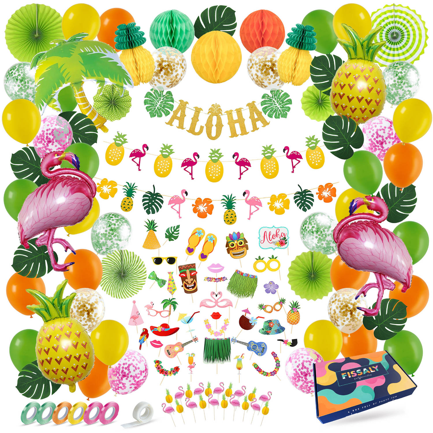 Fissaly® 128 Stuks Hawaii Flamingo & Ananas Feest Decoratie Slingers Helium Ballonnen