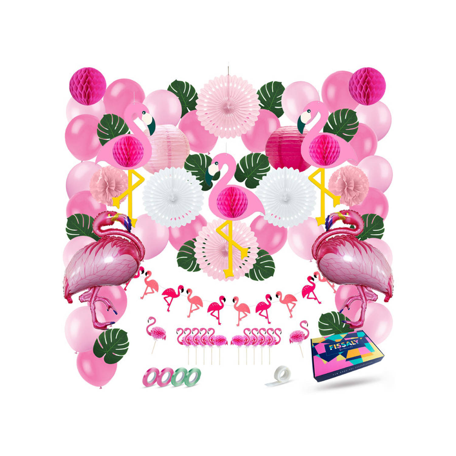Fissaly® 69 Stuks Tropische Flamingo Feest Decoratie Roze Ballonnen Honeycomb Versiering Hawaii & Tr
