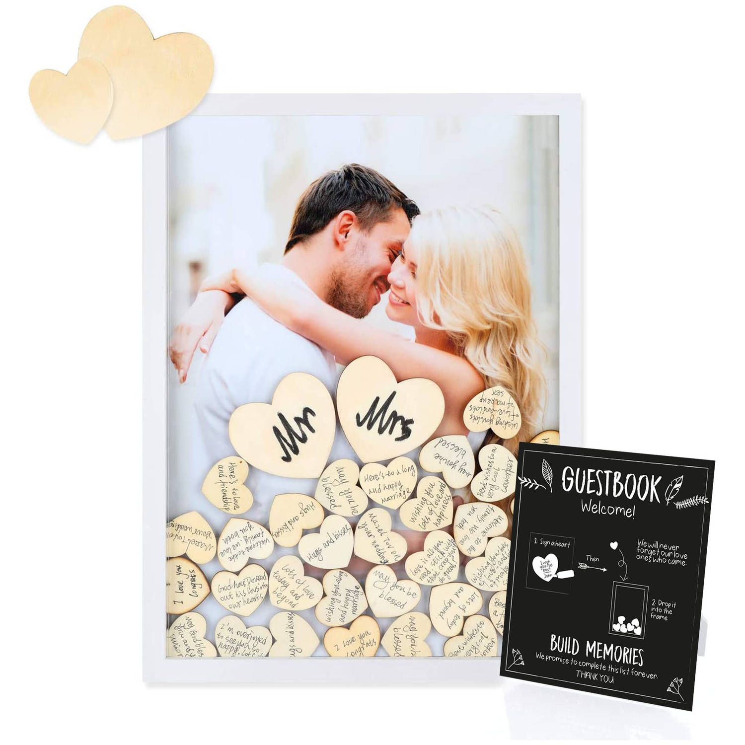 Fissaly® Bruiloft & Huwelijk Gastenboek met 100 Stuks Houten Hartjes – Trouwdag Feest Decoratie – Receptieboek - Cadeau