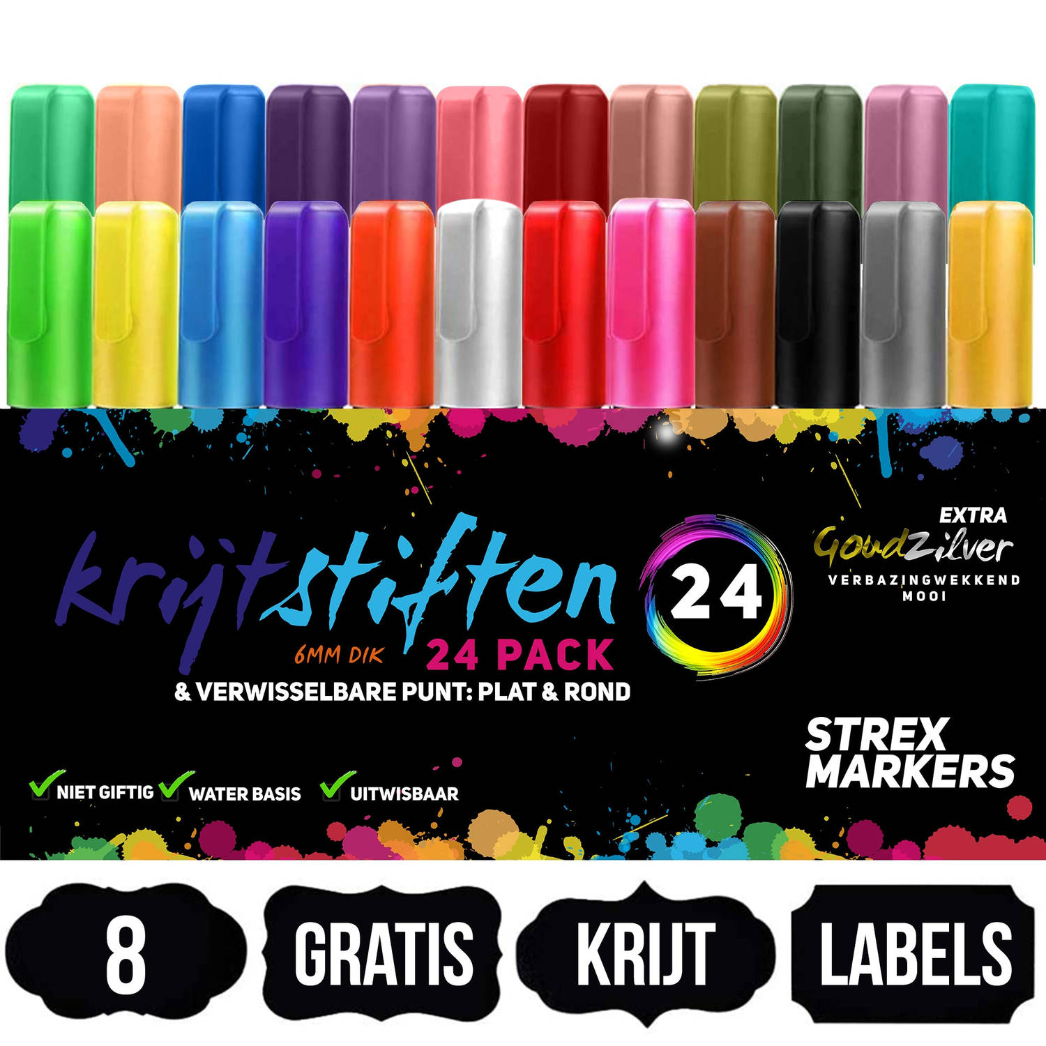 Strex Krijtstiften 24 Stuks - Incl. 8 Krijtlabels - 6MM - Raam Stiften - Neon Stiften - Krijtbordstiften - Krijt Stiften