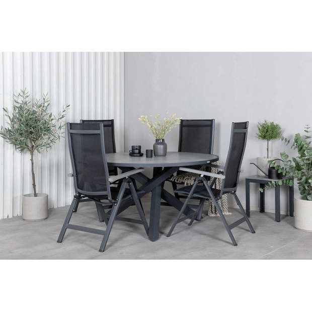 Parma tuinmeubelset tafel Ø140cm en 4 stoel Albany zwart, grijs.