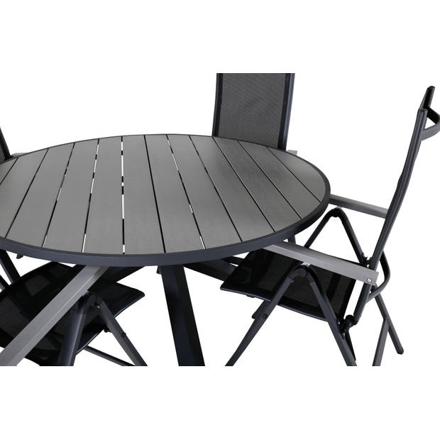 Parma tuinmeubelset tafel Ø140cm en 4 stoel Albany zwart, grijs.