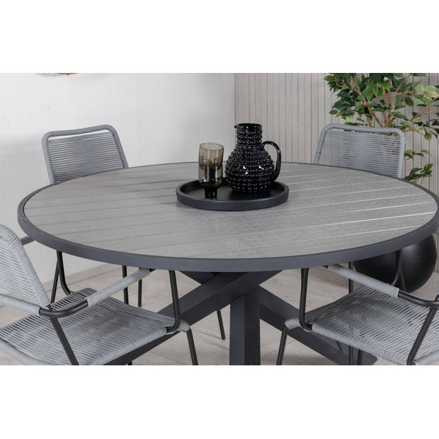 Parma tuinmeubelset tafel Ø140cm en 4 stoel armleuningG Lindos zwart, grijs.