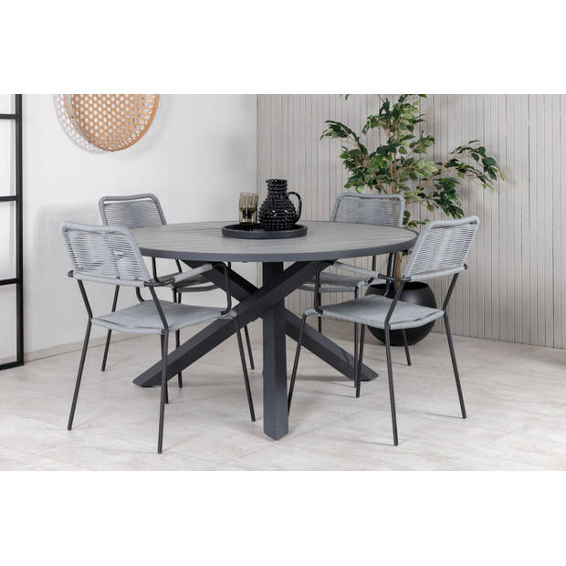 Parma tuinmeubelset tafel Ø140cm en 4 stoel armleuningG Lindos zwart, grijs.