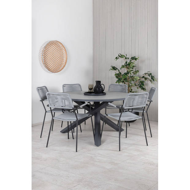 Parma tuinmeubelset tafel Ø140cm en 6 stoel armleuningG Lindos zwart, grijs.