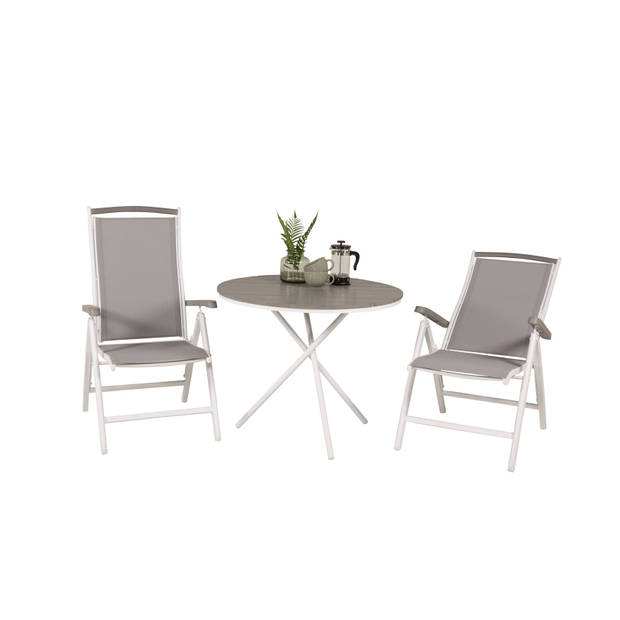 Parma tuinmeubelset tafel Ø90cm en 2 stoel 5pos Albany wit, grijs, crèmekleur.