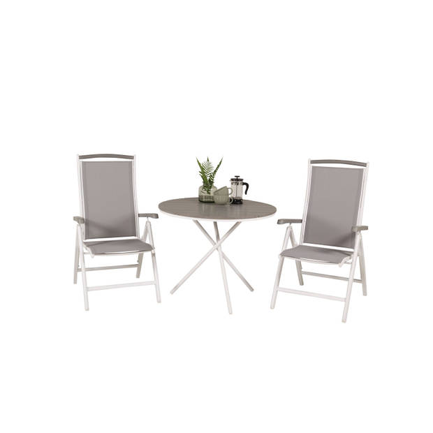 Parma tuinmeubelset tafel Ø90cm en 2 stoel 5pos Albany wit, grijs, crèmekleur.