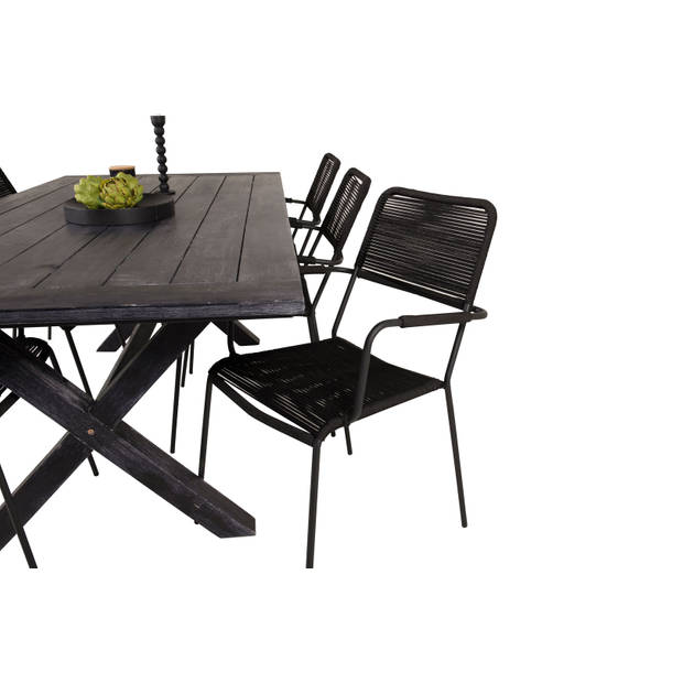 Rives tuinmeubelset tafel 100x200cm en 6 stoel armleuningS Lindos zwart.