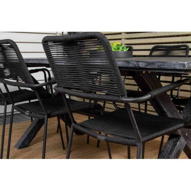 Rives tuinmeubelset tafel 100x200cm en 6 stoel armleuningS Lindos zwart.