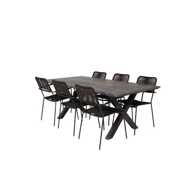 Rives tuinmeubelset tafel 100x200cm en 6 stoel armleuningS Lindos zwart.