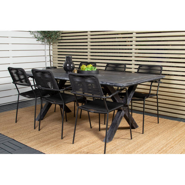 Rives tuinmeubelset tafel 100x200cm en 6 stoel armleuningS Lindos zwart.