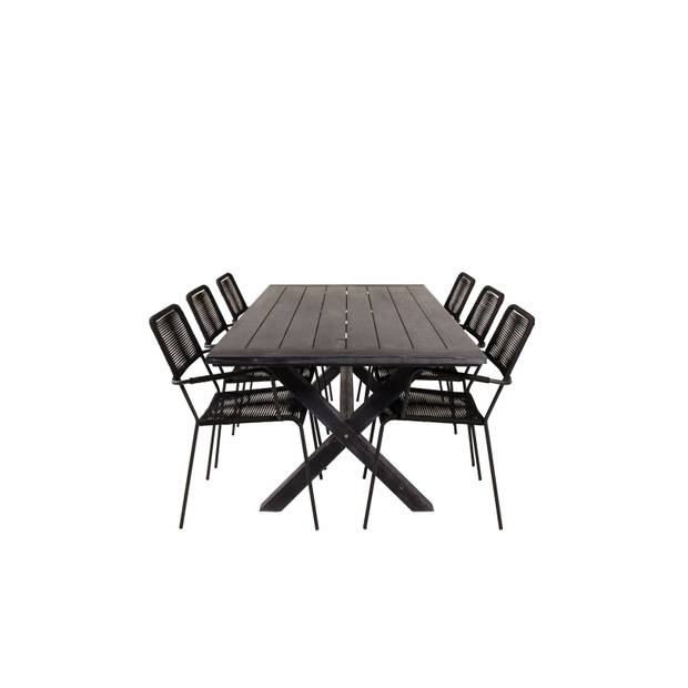 Rives tuinmeubelset tafel 100x200cm en 6 stoel armleuningS Lindos zwart.