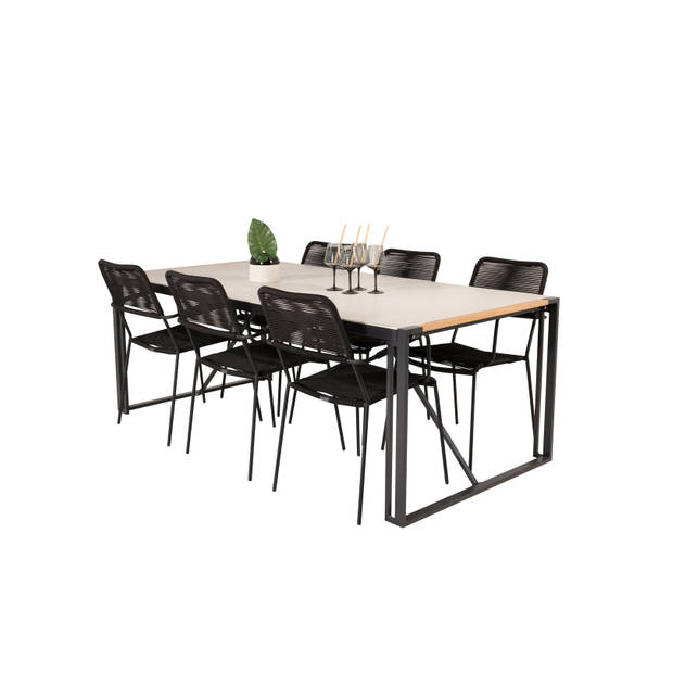 Texas tuinmeubelset tafel 100x200cm en 6 stoel armleuningS Lindos zwart, naturel, grijs.