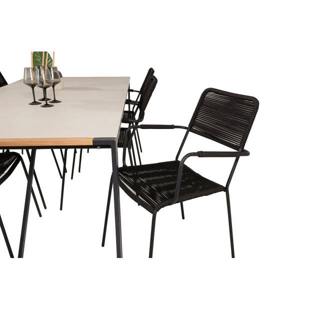 Texas tuinmeubelset tafel 100x200cm en 6 stoel armleuningS Lindos zwart, naturel, grijs.