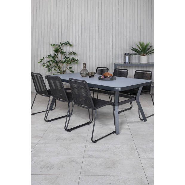 Virya tuinmeubelset tafel 100x200cm en 6 stoel stapel Lindos zwart, grijs.